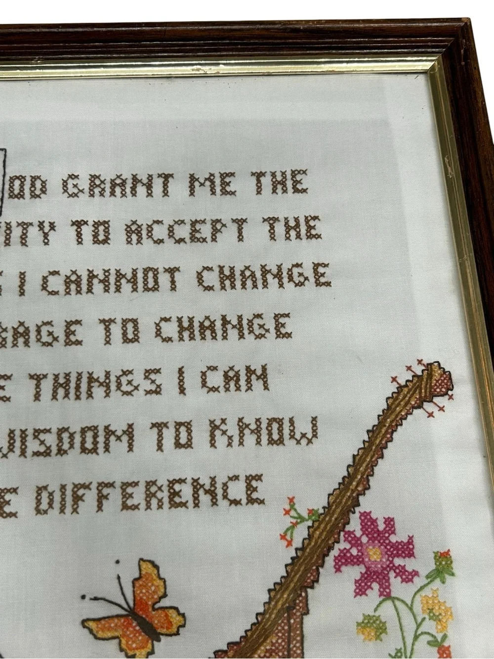 Vintage Framed Cross Stitch Serenity Prayer Wall Art, Folk Art